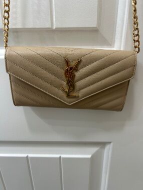 YSL Cassandre Beige Quilted Leather Wallet-on-Chain with Gold YSL Hardware